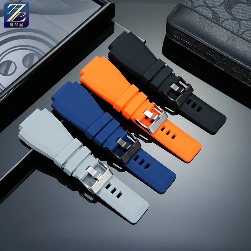 Exquisite Needle Buckle Silicone Watchbands for Bell Ross BR01 BR03 Series Soft Waterproof Breathable Strap Black Blue 24mm