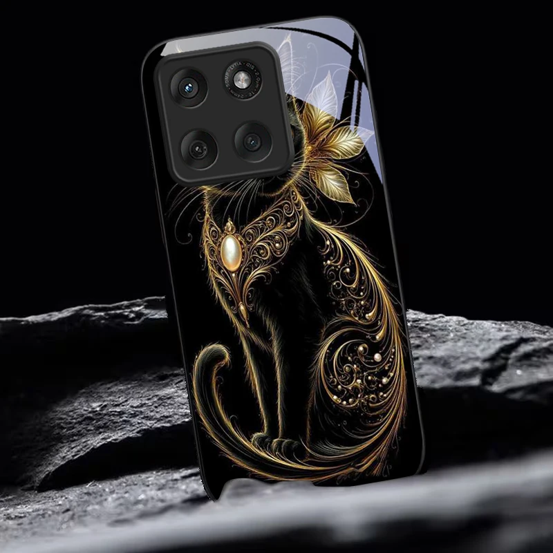 Mystic Golden Pearl Cat Black Glass Phone Case For Motorola Moto Edge 60 70 20 Lite 30 Pro 40 50 Ultra X30 Pro G14 G75 G84 Cover view 5