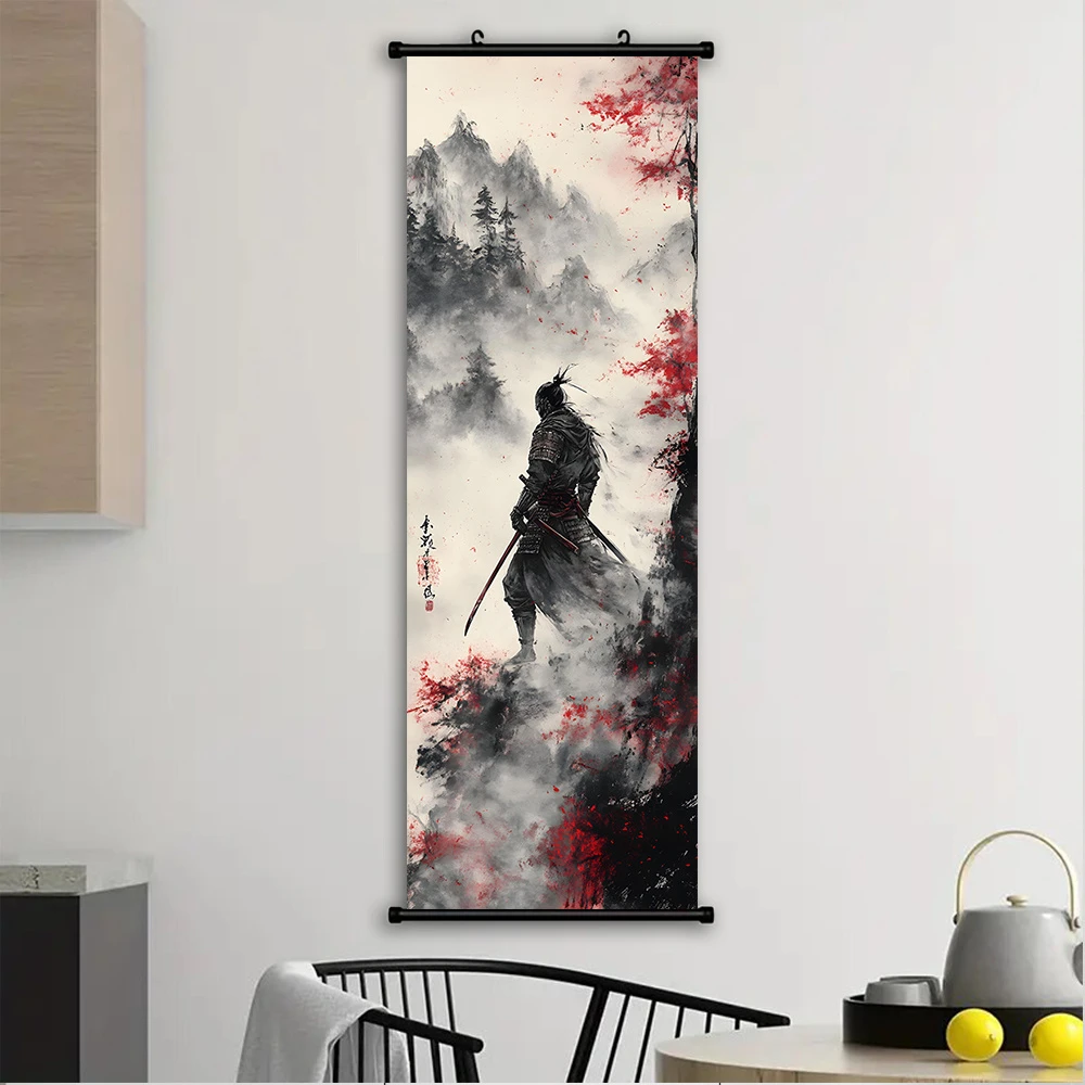 VIKAMA Vertical Ink-Washed Samurai Scroll Tapestry, Narrow Scroll Wall Hanging for Bedrooms and Hallways, Home Decor
