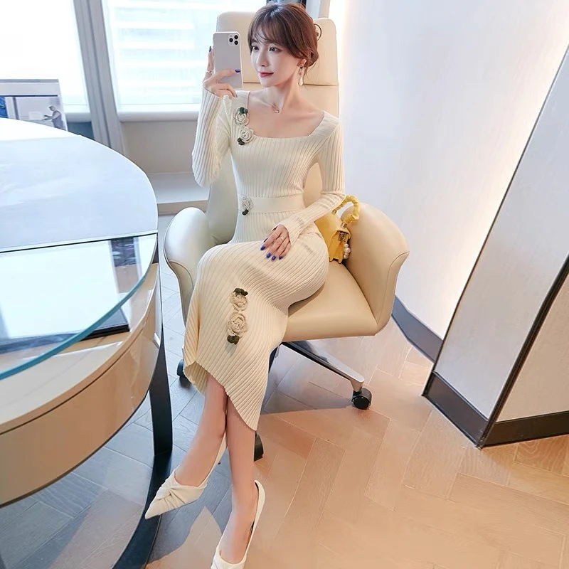 French Style Long Knit Dress 2026 Fall Winter Slimming Over Knee Elegant Coat Match Sweater