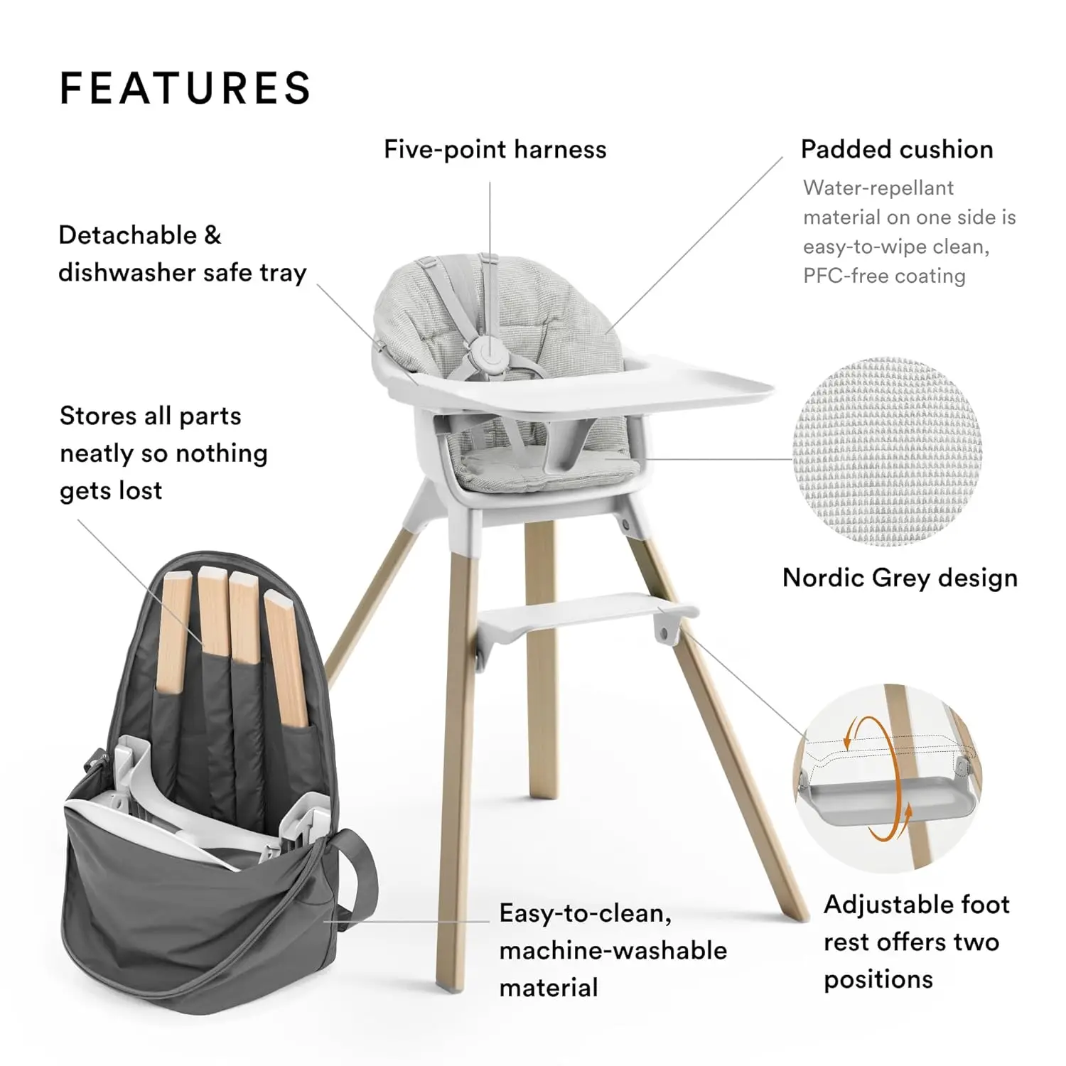 High Chair (White) with Clikk Cushion (Nordic Grey) + Travel Bag - Includes Tray & Harness - Light, Durable & Travel Friendly