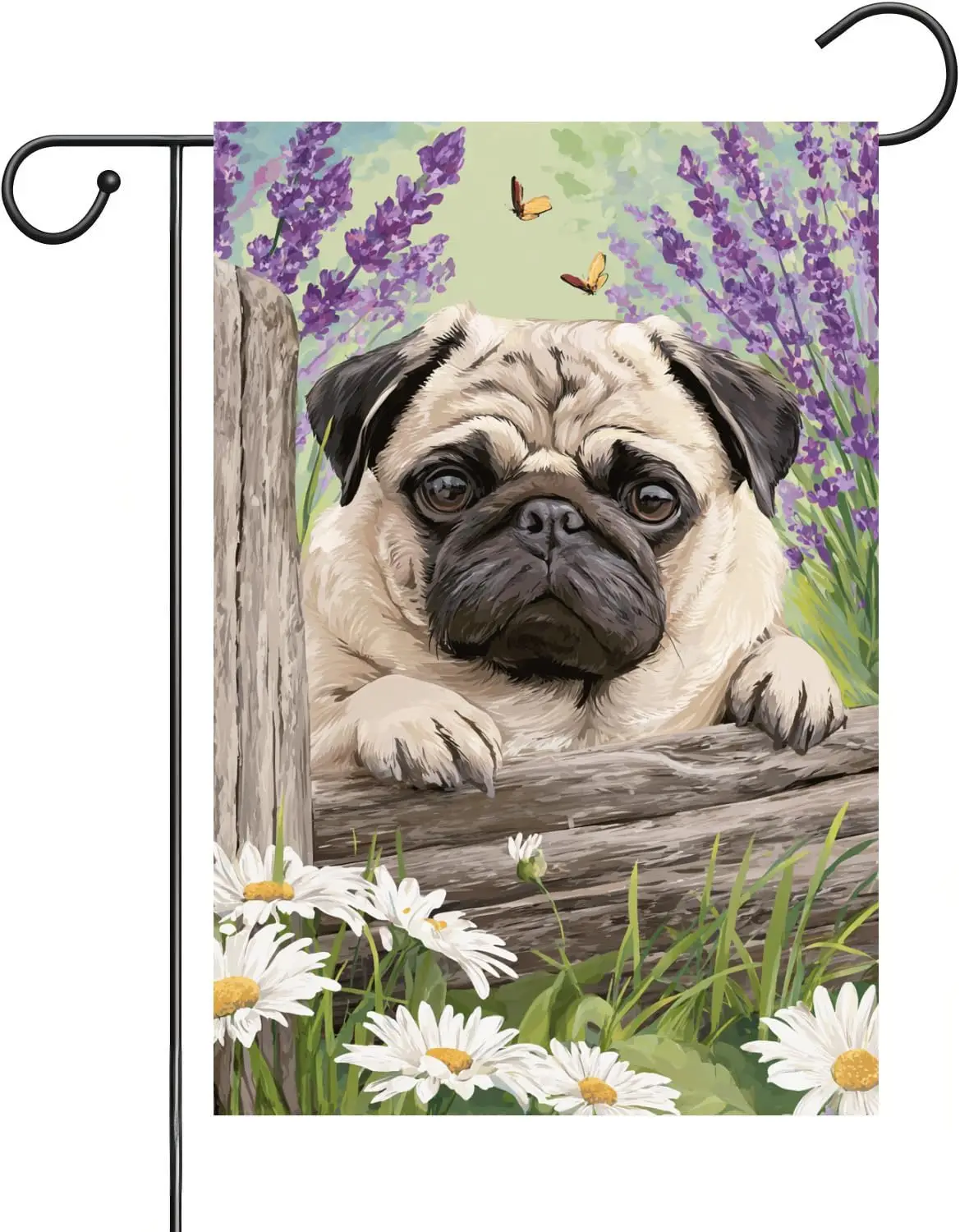 Welcome Spring Pug Dog Garden Flag 12x18-Inch Double-Sided Linen Summer Fence Lavender And Daisy Lawn Courtyard Decoration L PPM