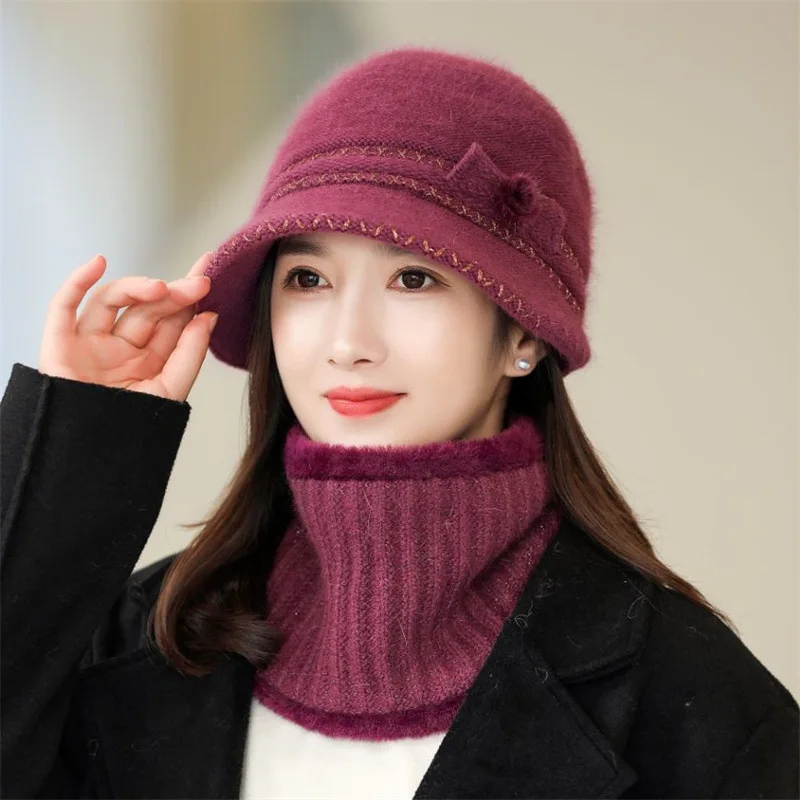 Rabbit Wool Knit Hats Women Warm Brand Winter Beanies Caps Lady Siamese Bib Hat Female Hair Windproof Plus Velvet Cap 2022