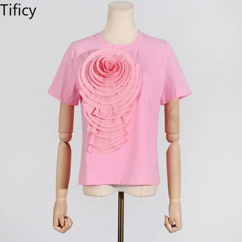 

2024 Summer New Fashion and Casual Round Neck T-shirts Pleats and Three Dimensional Flower Splicing Design Sense Solid Color