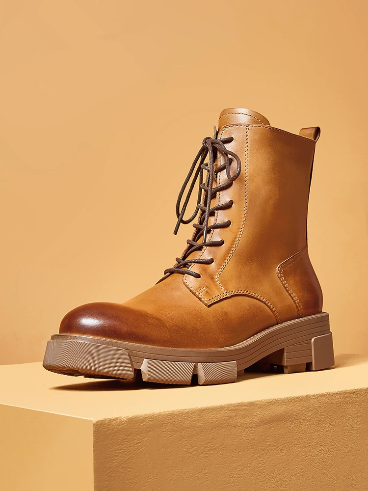 Vintage Men\'s Autumn Winter British Mid-calf Boots Top Layer Cowhide Thick Heel Riding Shoes