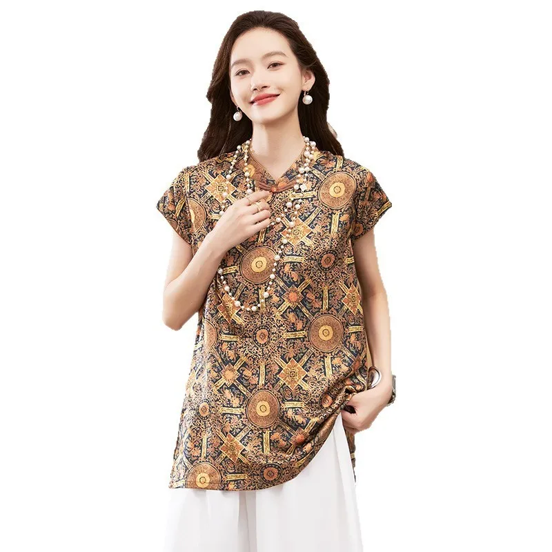 Women's Blouse Short Sleeve Round Neck Top Mandarin Collar Tunic Geometric Print Loose Fit Mid Length Gold Brown Shirt - view 5