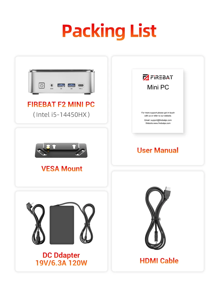 Firebat F2 Mini PC Intel Core I5-14450HX 10-Core 16-Thread Windows 11 16GB DDR4 RAM 512GB PCIe SSD WiFi 6 BT5.2 Triple Display