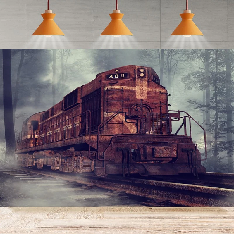 Vintage Steam Train Photography Backdrop Old Rusty Locomotive Train Railroad Tracks Background Birthday Home Party Backdrop Wall