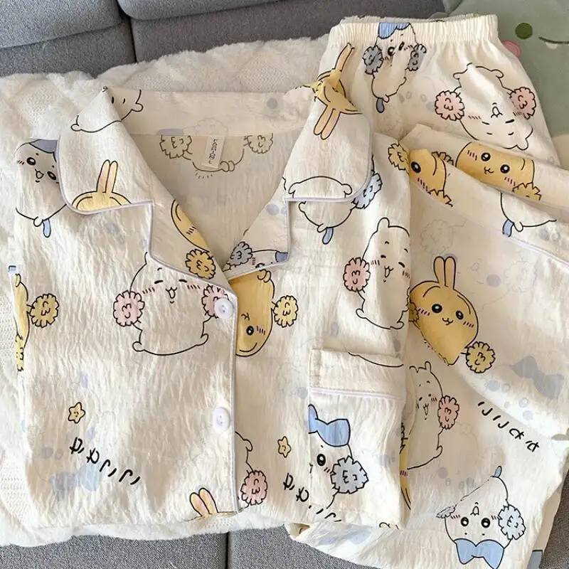 Anime Chiikawa Two Pieces Pajamas Set Girls Cotton Homewear Hachiware Home Clothes Usagi Ladies Pants and Top Pijamas Set Gift