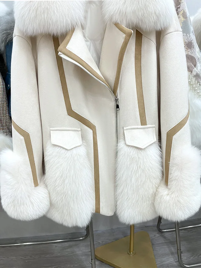 2024 New Real fur,Warm Suede Leather White Duck Down Coat For Women Luxury Real Fox Fur And Leather One Pieces Jacket Female Win