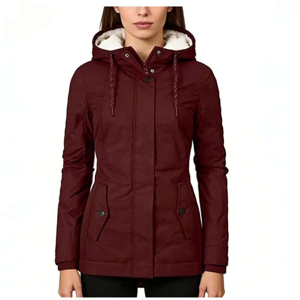 

Женская теплая зимняя куртка 2026 года с капюшоном, на молнии, на флисовой подкладке, с карманами, однотонная