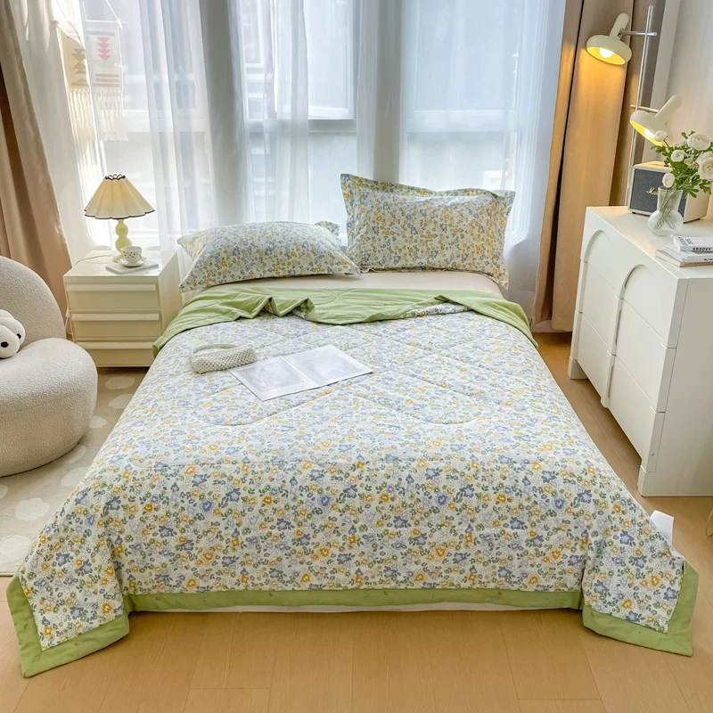 Pastoral Flowers Print Summer Quilt 100% Cotton Home Bedroom Soft Breathable Air Conditioning Quilted Quilt Machine Washable