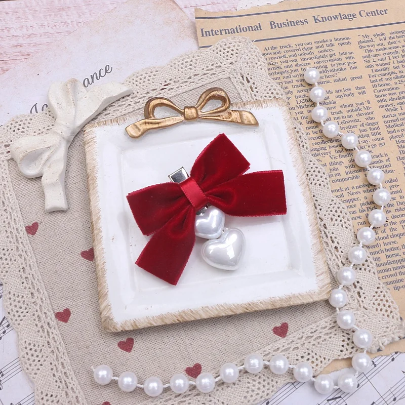 Y2K украшение для волос для девочек, бархатный бант, кукольный милый декор в виде сердца, заколка для волос, боковой зажим, головной убор, женский для Lo Girl