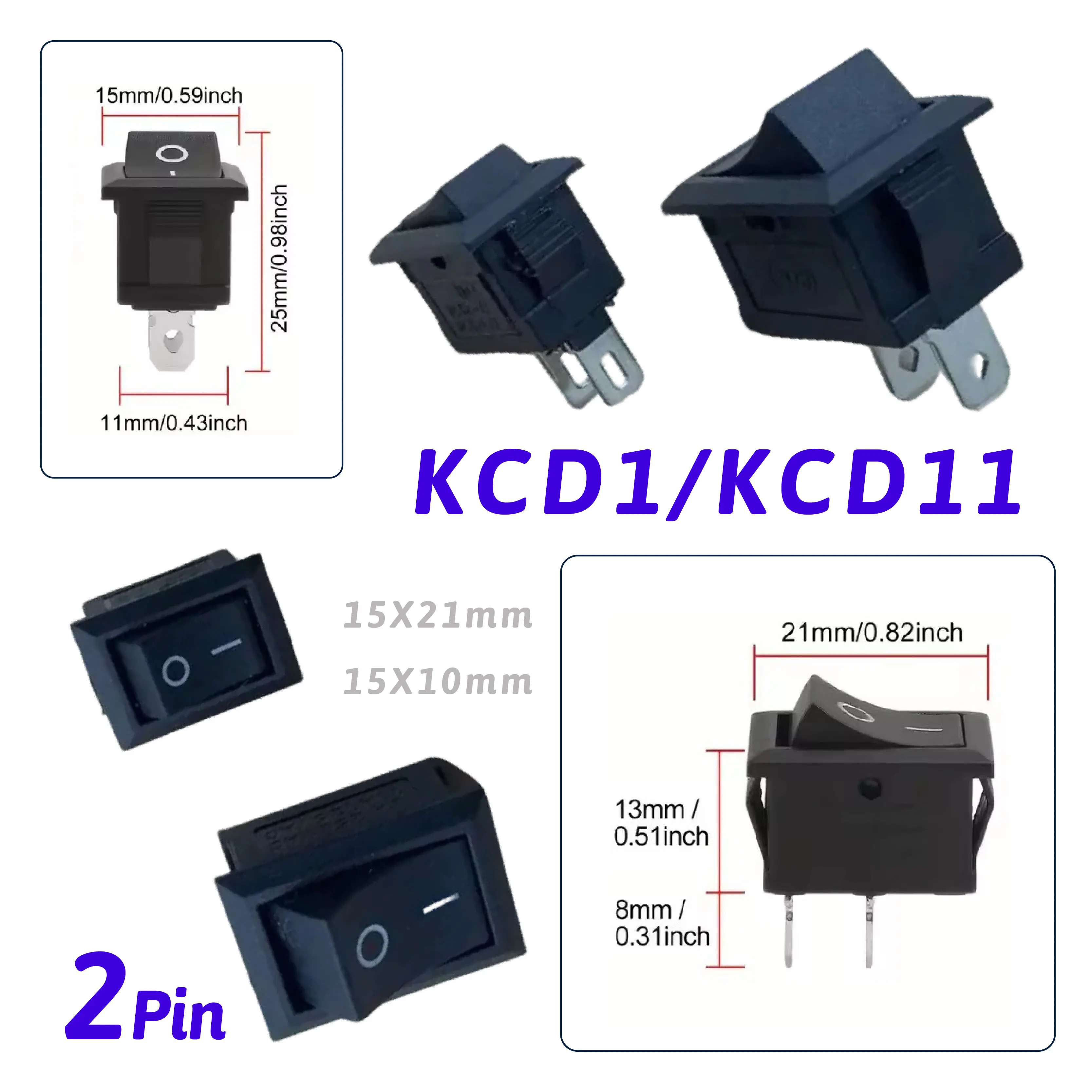 KCD1 2 Pin KCD11 SPST ON OFF Rocker Snap-in Black Boat Switch 15x21mm 10x15mm