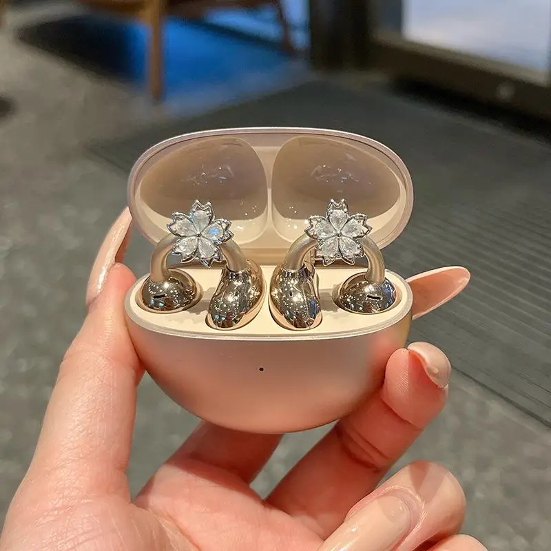2Pcs Bluetooth Earphone Accessories Earrings For Ear Clip Earphone Rotating Flower Blossoms Shining Decoration
