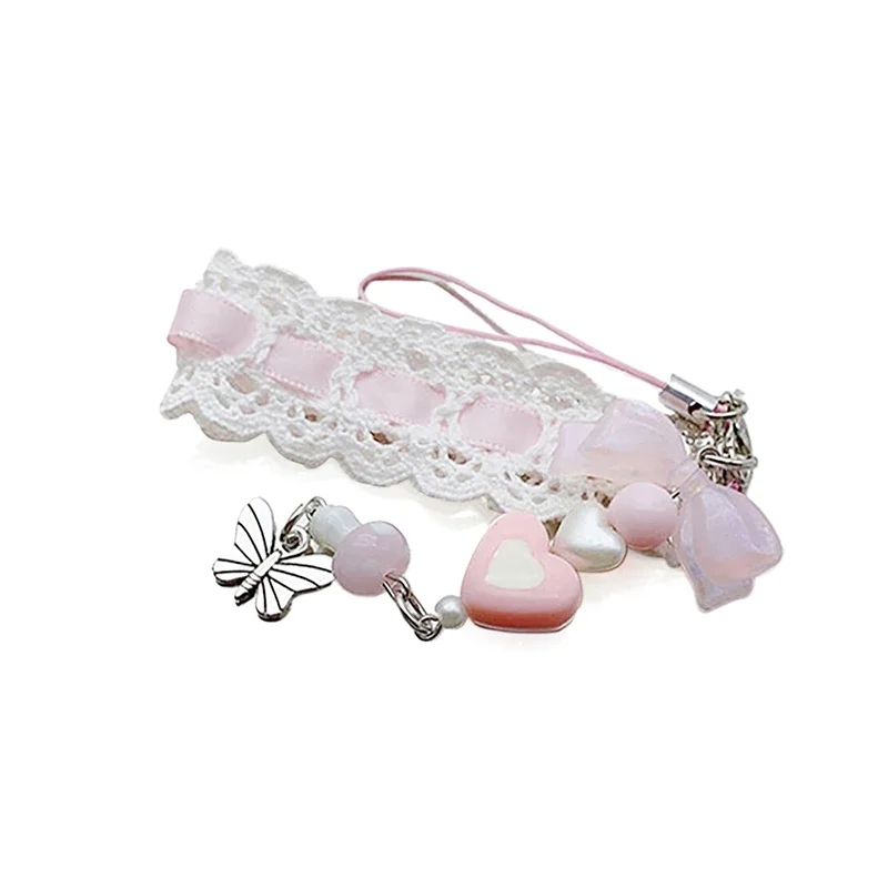 Sweet Lace Ribbon Keychain Cute Bow Heart Pendant Keyring Phone Charm Lanyard Bag Earphone Case Pendant Decoration Accessories