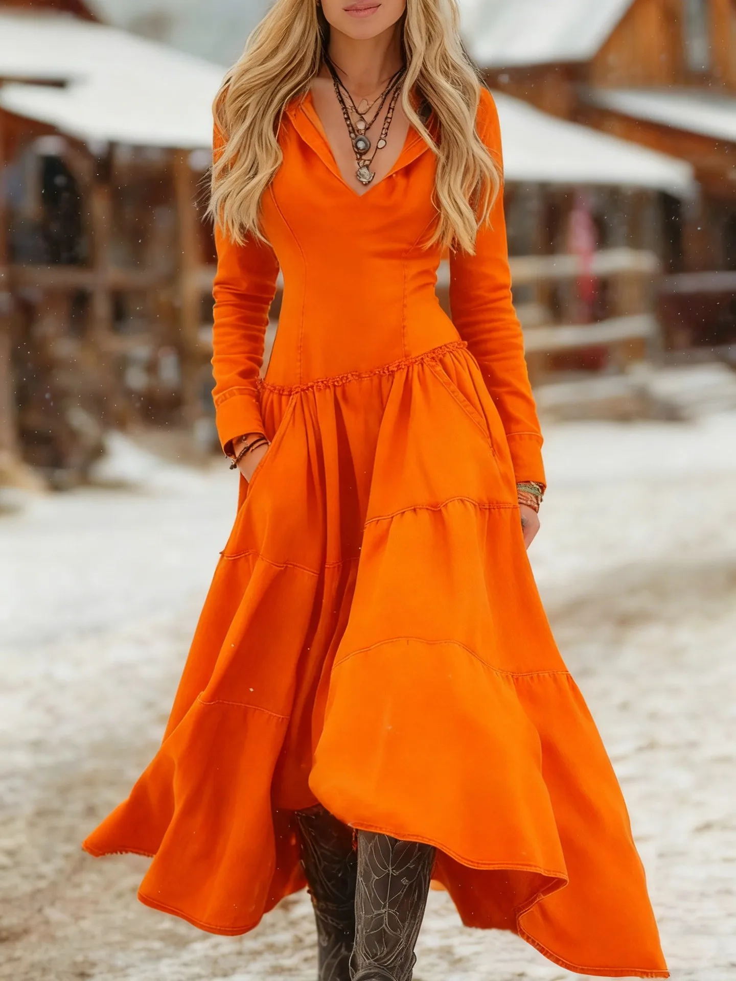 ชุดเดรสลำลองแขนยาวทรงสลิมสไตล์คาวบอยตะวันตกจากเว็บไซต์อิสระสำหรับการค้าข้ามพรมแดนปี 2025