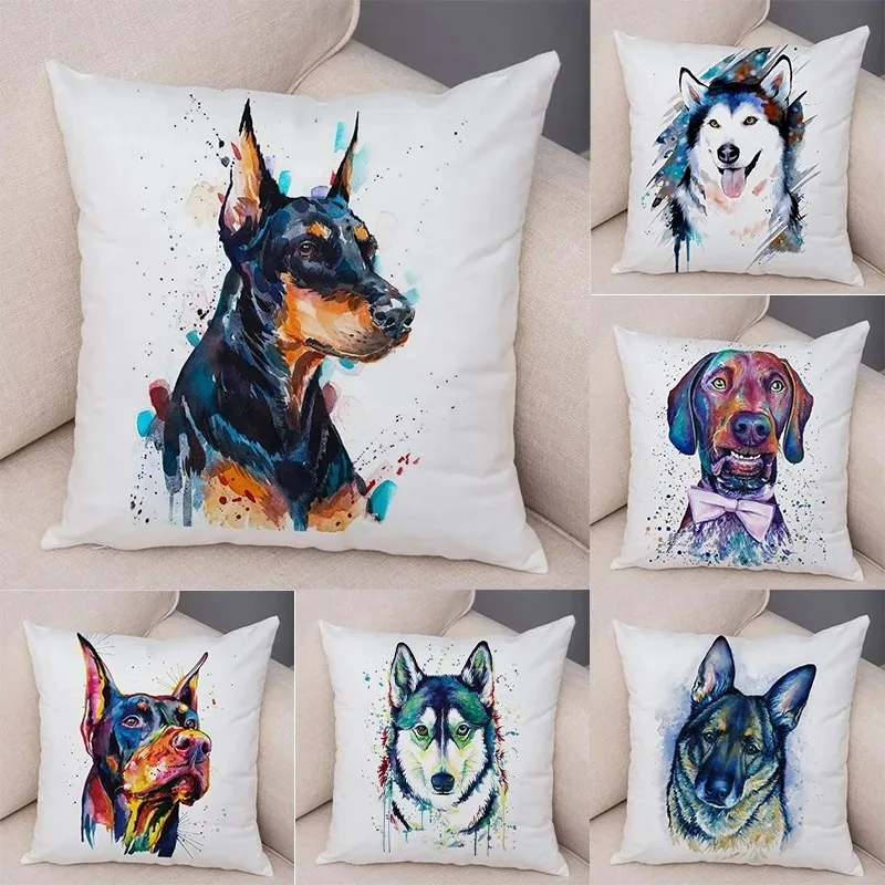 Cute Watercolor Pet Dog Pattern Pillowcase Car Ornaments Office Living Room Sofa Home Pillowcase