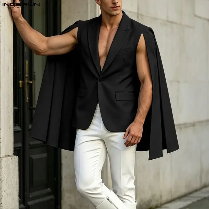 INCERUN Men's Irregular Blazer Solid Color Cloak Cape Lapel One Button Casual Male Suit Streetwear 2026 Fashion Ponchos For Man