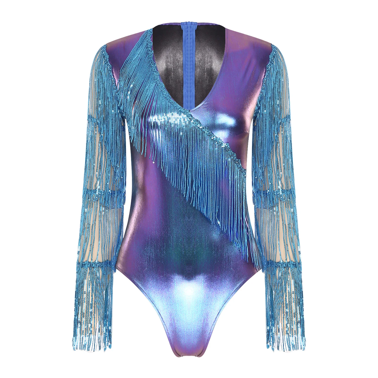 ชุดบอดี้สูทผู้หญิงแบบเมทัลลิกเงาวาวสำหรับเต้นแจ๊สบนเวที  ประดับเลื่อมระยิบระยับ  คอวี  แขนยาว  ผ้าตาข่าย  จั๊มสูทเข้ารูป  ชุดคลับแวร์