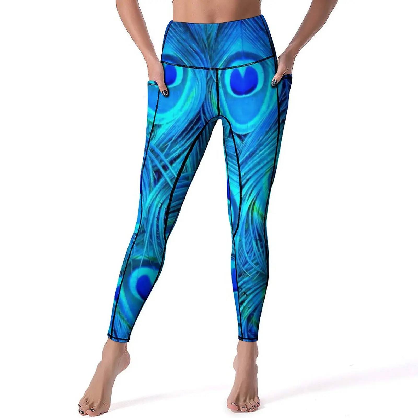 

Peacock Feather Design Yoga Pants Sexy Blue Animal Custom Leggings Push Up Workout Leggins Women Kawaii Elastic Sports Tights