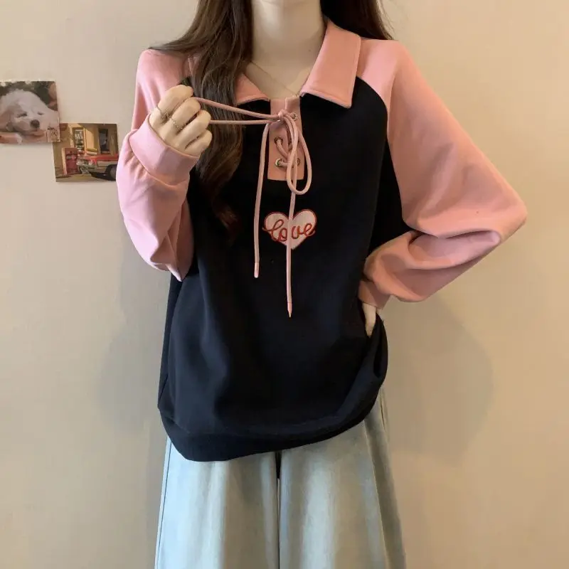 Femme Spring Autumn Fashion Loose Printing Collar Pullovers Sweatshirts Women Clothes All-match Appear Thin Drawstring Tops