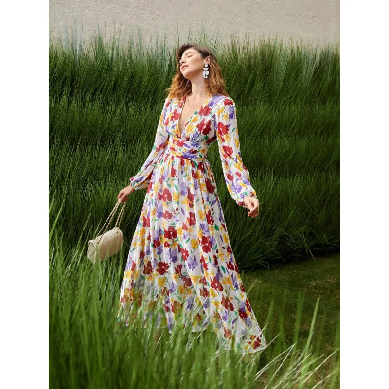 

Flower Print Women's Evening Dresses Temperament Elegant V-neck Folds Lantern Sleeve Long Dress Party Commuting Style Vestidos