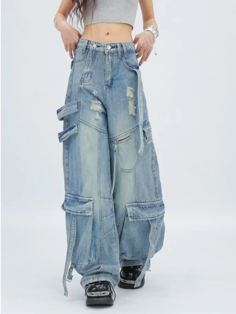 2025 Amerikaanse retro Y2K streetwear gewassen blauwe baggy gescheurde cargo jeans broek voor dameskleding wijde pijpen dame denim broek