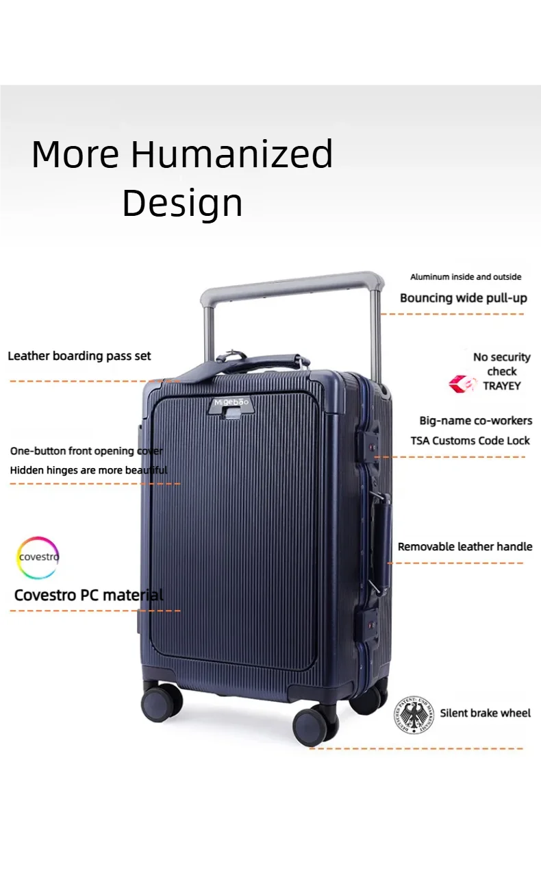 Wide Handlebar Rolling Luggage Front Opening Multi-Functional Women 20-Inch Small Lightweight Boarding Box 24-Inch Men Suitcase