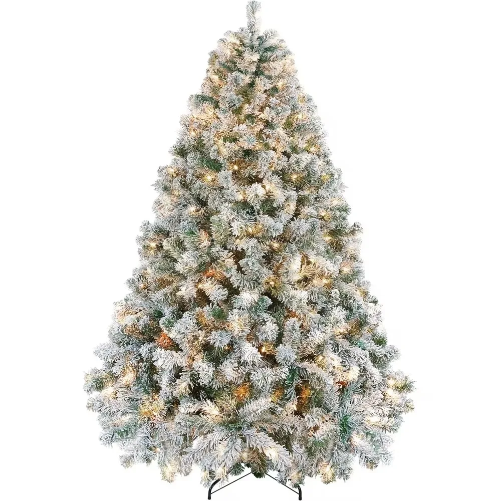 Árbol de Navidad artificial preiluminado de 7,5 pies con luces blancas cálidas incandescentes, árbol de Navidad muy iluminado flocado con nieve con rama de 12884