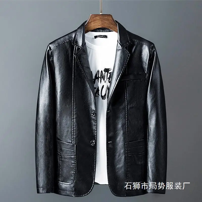 2023 New Men's PU Leather Jacket Slim Fit Suit Collar Motorcycle Jacket Trendy Korean Style Smooths Your Silhouette