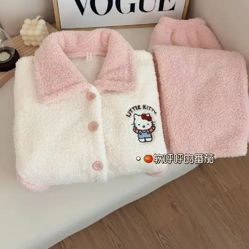 Hot Kawaii Hellokitty Pajamas and Pajamas 2Pcs Girls' Tops Long-Sleeved Soft Thickened Pants Cute Versatile Casual Home Wear Set