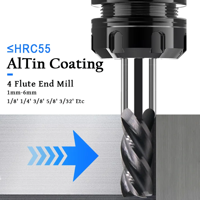 

HRC55 Inch End Mill 1/8 3/32 3/16 1/4 3/8 Carbide 4 Flute Spiral Router Bit Altin Coating Cutting For Steel CNC Milling Tool