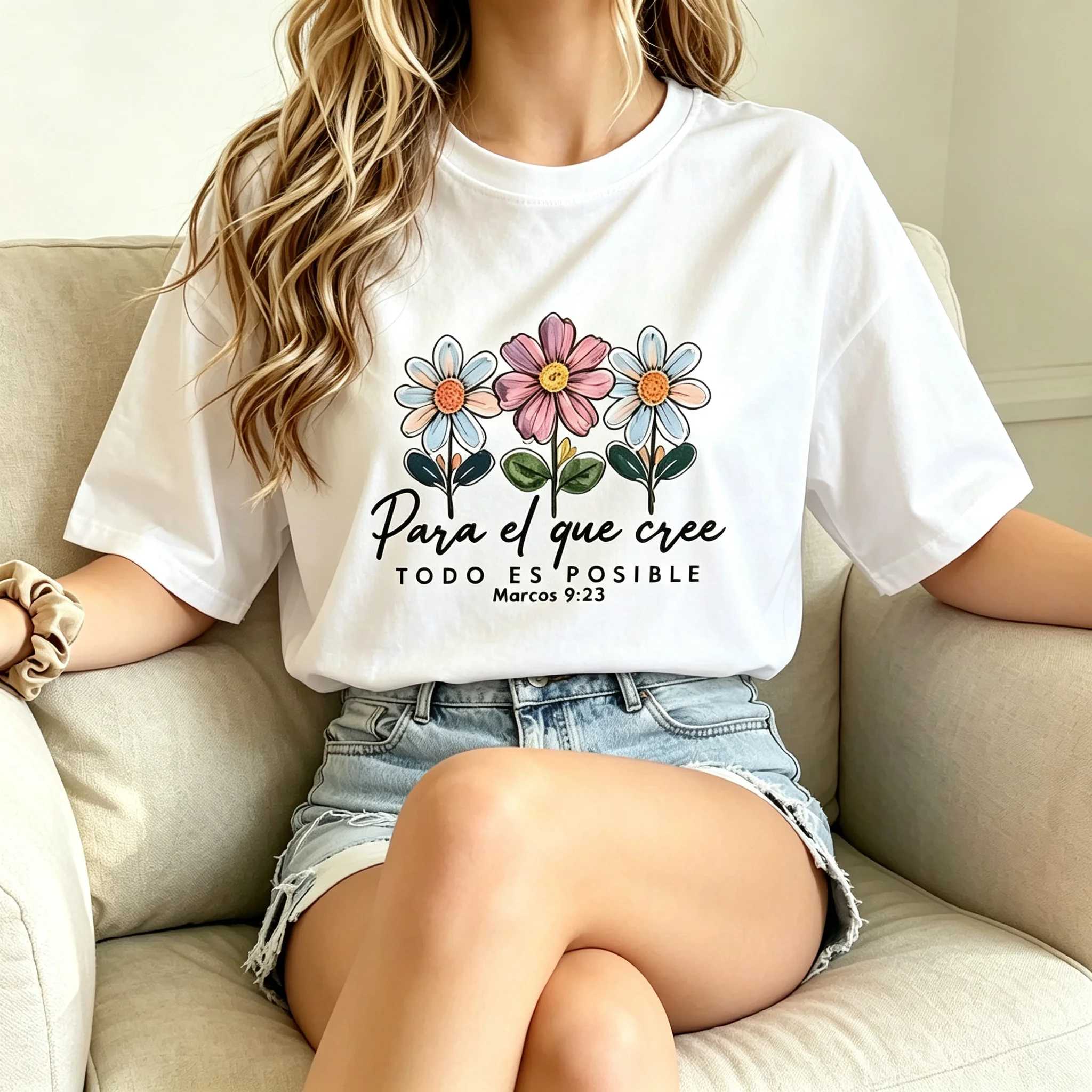 Vintage Boho Floral Bible Verse Graphic Women T-Shirt Spanish Inspirational Words Print Cotton Casual Church Holiday Daily Tops