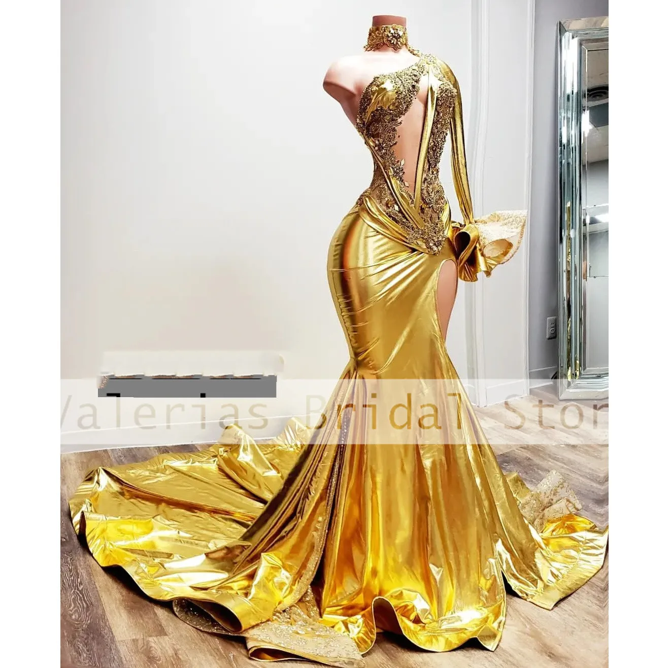 New Gold Mermaid Prom Dress Beads High Split Sexy Wedding Party Gowns Luxury Celebrity Evening Dresses Robe De Bal