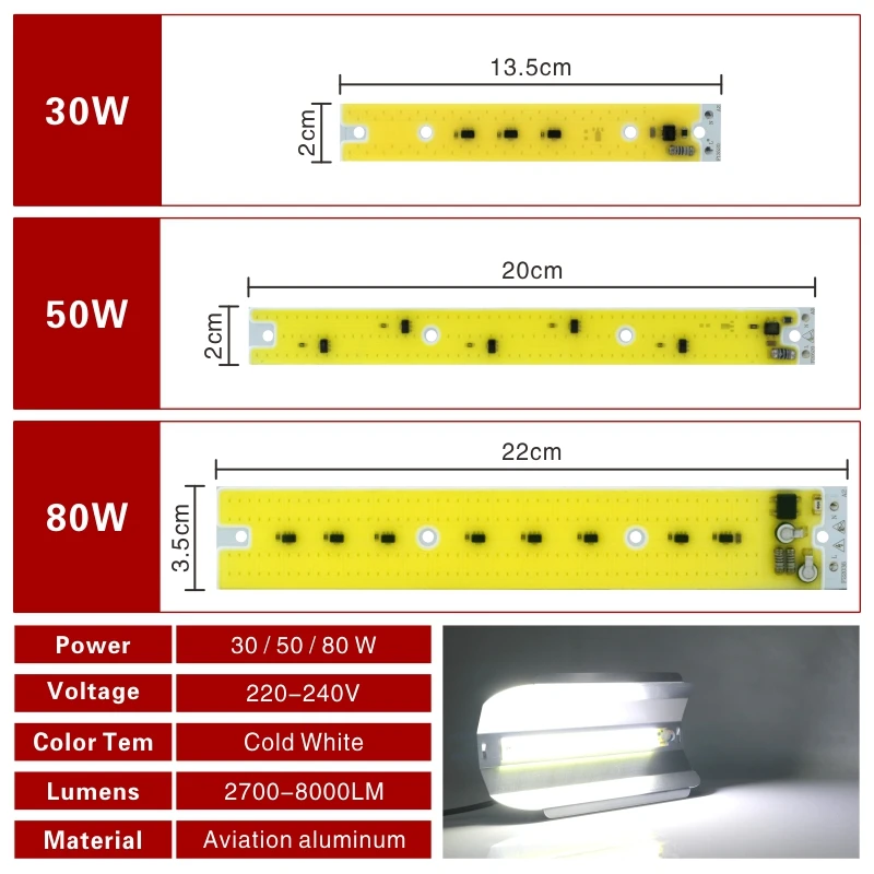 30W 50W 80W LED COB Chip for Flood Light 220V-240V Cold/Warm white LED Lamp Spotlight Full Spectrum Grow Plant Light for Flower