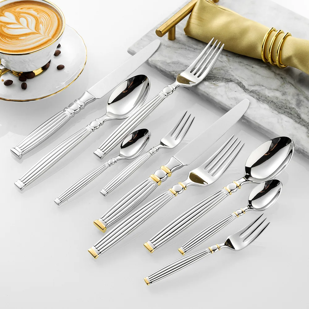 French Light Luxury Roman Column Retro Western Stainless Steel Dinnerware Set - Knife Fork Spoon 304 Dessert Spoon Cake Fork