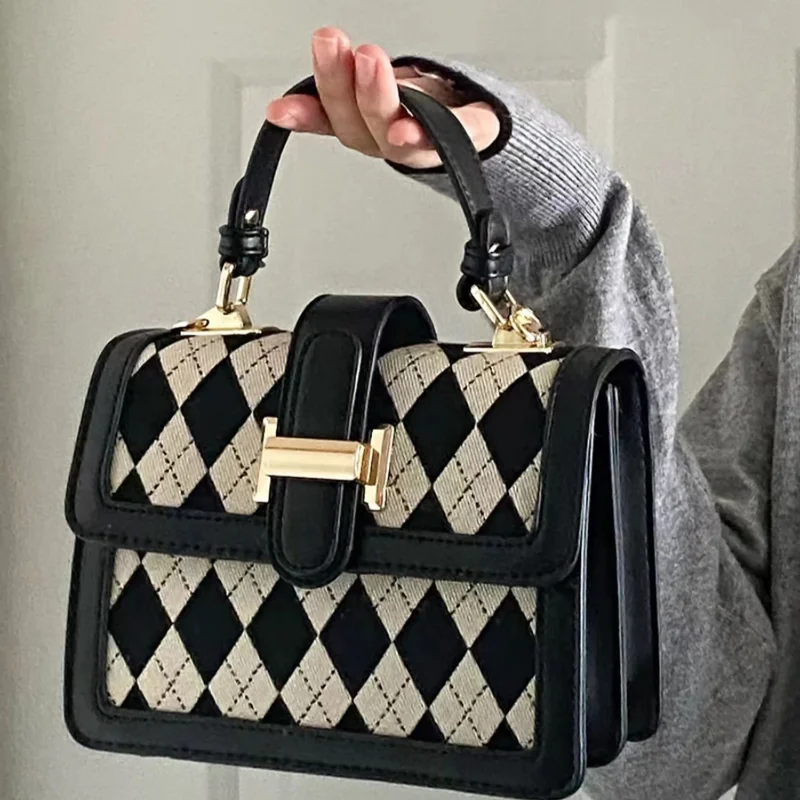 New Crossbody Bags For Women Fashion Leather Handbags Ladies Handheld Small Square Bags Simple Black White Plaid Top Handle Bags