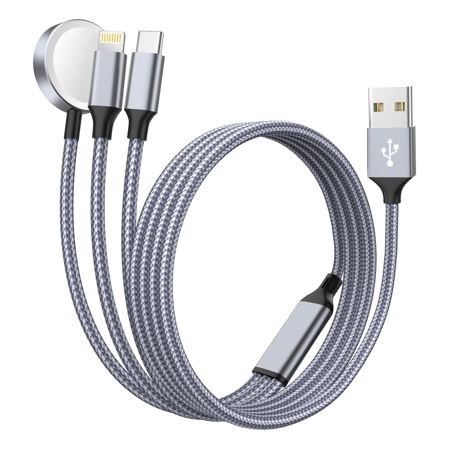 

Кабель для зарядки 3 в 1 с несколькими разъемами USB A для Apple iWatch, iPhone 16/15/14/13 Pro, с быстрой зарядкой USB Type-C и Lightning