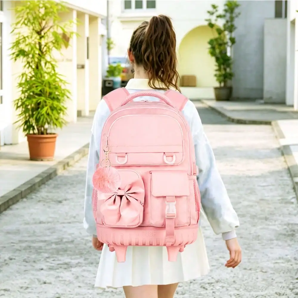 3PCS Girls Rolling Backpack, Pink Bow Tie Wheeled School Backpacks, Water-Resistant Roller Bookbag Set