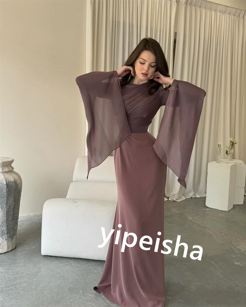 Jersey Pleat Quinceanera gaun pesta ketat kerah tinggi Bespoke gaun panjang