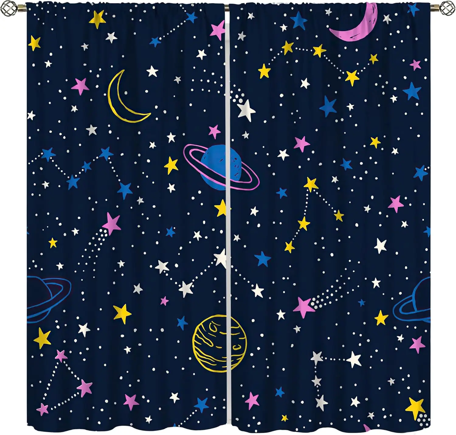 Star Blackout Curtains, Cartoon Fantasy Galaxy Stars Sparkling Outer Space Moon Planets, Kids Boys Bedroom Living Room Curtains