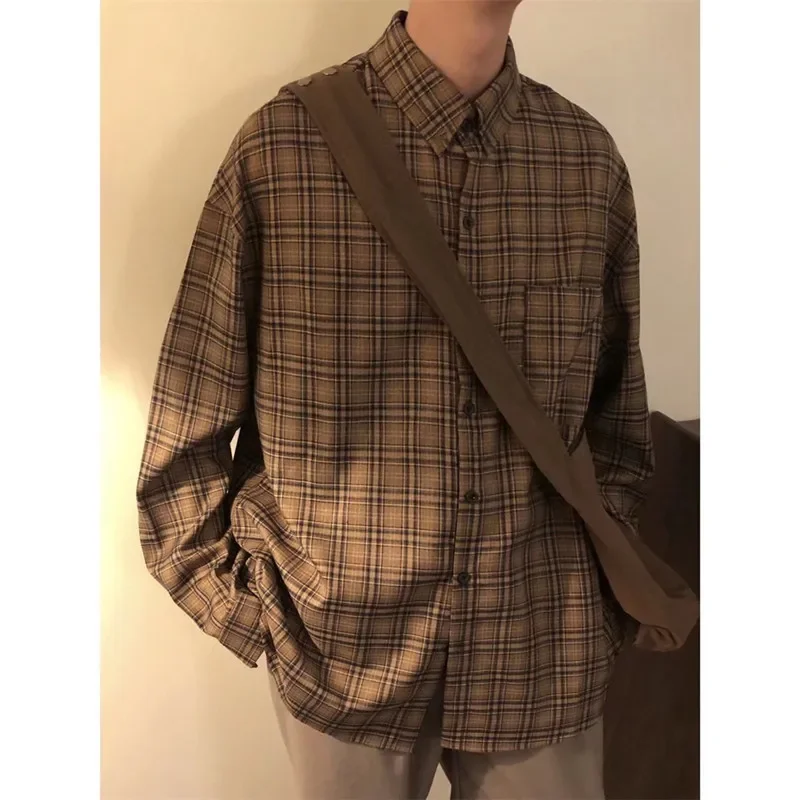 Spring Autumn Japanese Vintage City Boy Coffee Plaid Long Sleeve Shirt Loose Fit Casual Jacket Trendy Men's Fashion