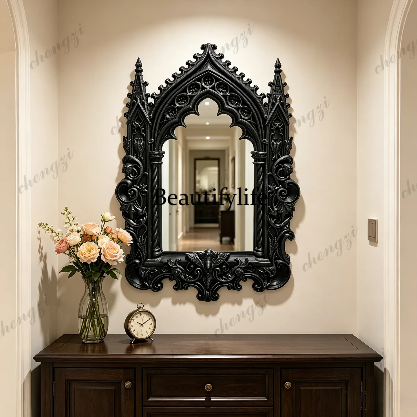 French dark wind decorative mirror gothic retro makeup mirror European art bathroom mirror wall hanging
