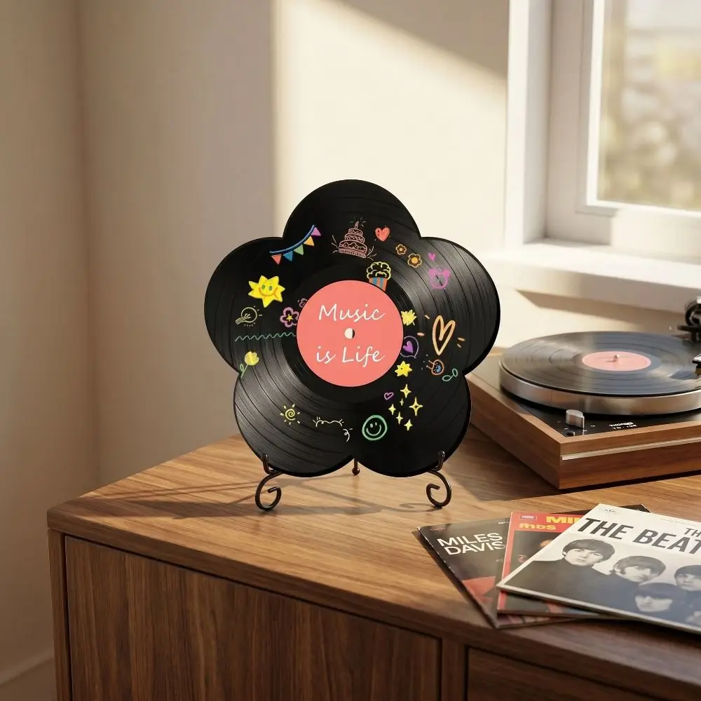 diy-blank-vinyl-records-kit-with-6-whiteboard-pens-flower-shaped-acrylic-faux-vinyl-record-with-metal-bracket-desktop-ornament
