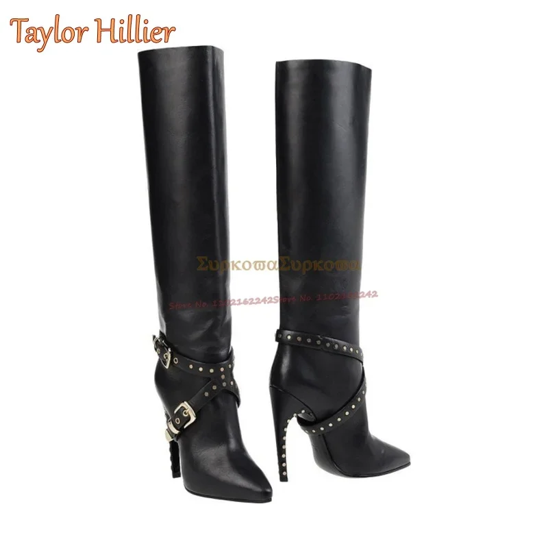 

Сапоги до колена, украшенные пряжкой и ремешком, черные остроконечные сапоги на шпильке со стразами, подиумные сапоги, женские высокие сапоги из воловьей кожи с заклепками