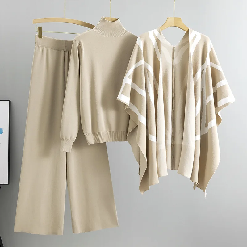 Greenora Scandinavian Style Old Money Coquette Women Loose Knit Poncho Cape Cardigan Wide Leg Pants 3 Piece Set Office Lady
