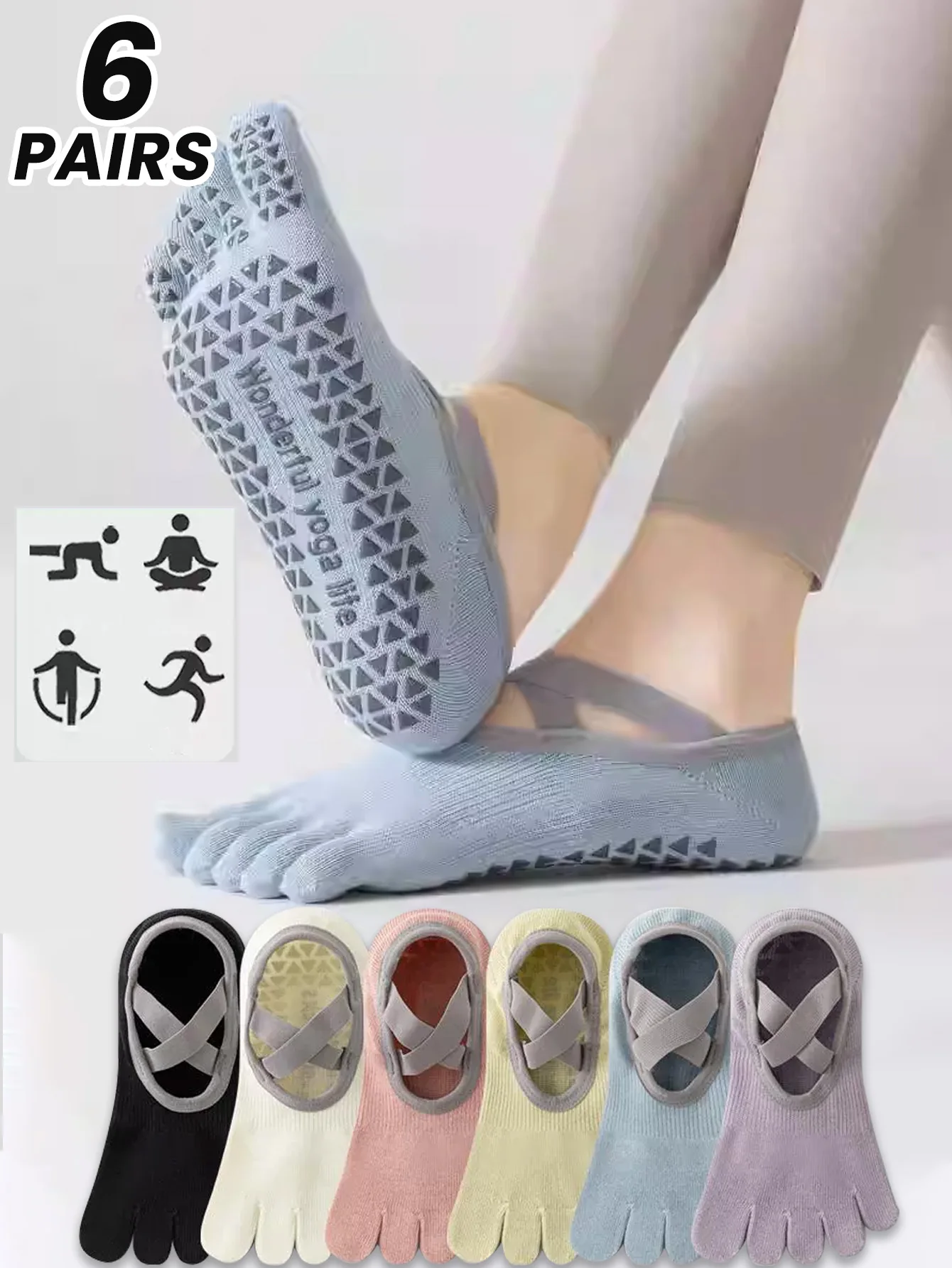 6 pairs of five-toed yoga socks, non-slip, professional, thin summer style for women, specifically for Pilates training, indoor sports, and fitness