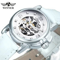 WINNER-reloj mecánico automático con esqueleto helado para mujer, manecillas luminosas, relojes elegantes para mujer, correa de cuero blanco