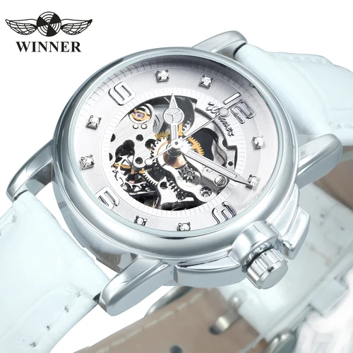 WINNER-reloj mecánico automático con esqueleto helado para mujer, manecillas luminosas, relojes elegantes para mujer, correa de cuero blanco